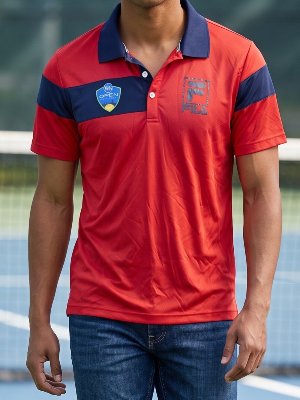 Fila Red Polo with Navy Contrast Collar and Shoulder Stripe Patch